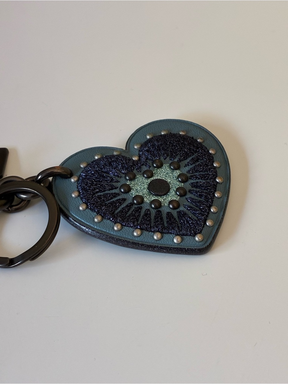 Coach Embroidered Glitter Heart Bag Charm Key Chain With Rivets, Blue / Gunmetal - Picture 9 of 16